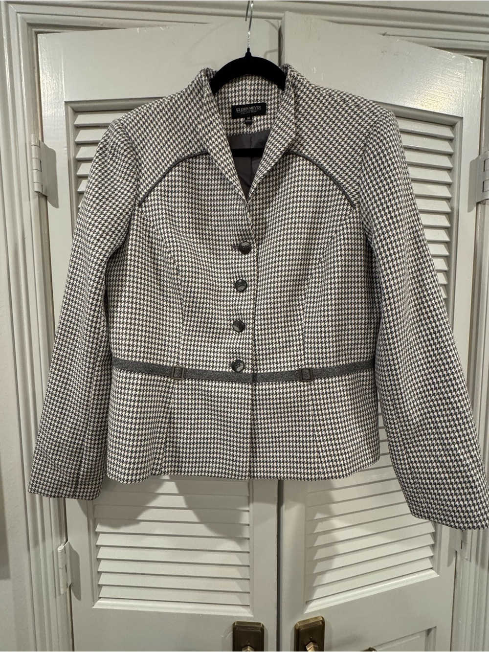 John Meyer Collection Structured Houndstooth Peplum Blazer - Gray/White